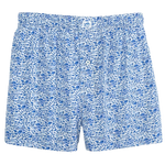 A pair of blue and white floral-patterned men's boxer shorts with an elastic waistband and a button fly.