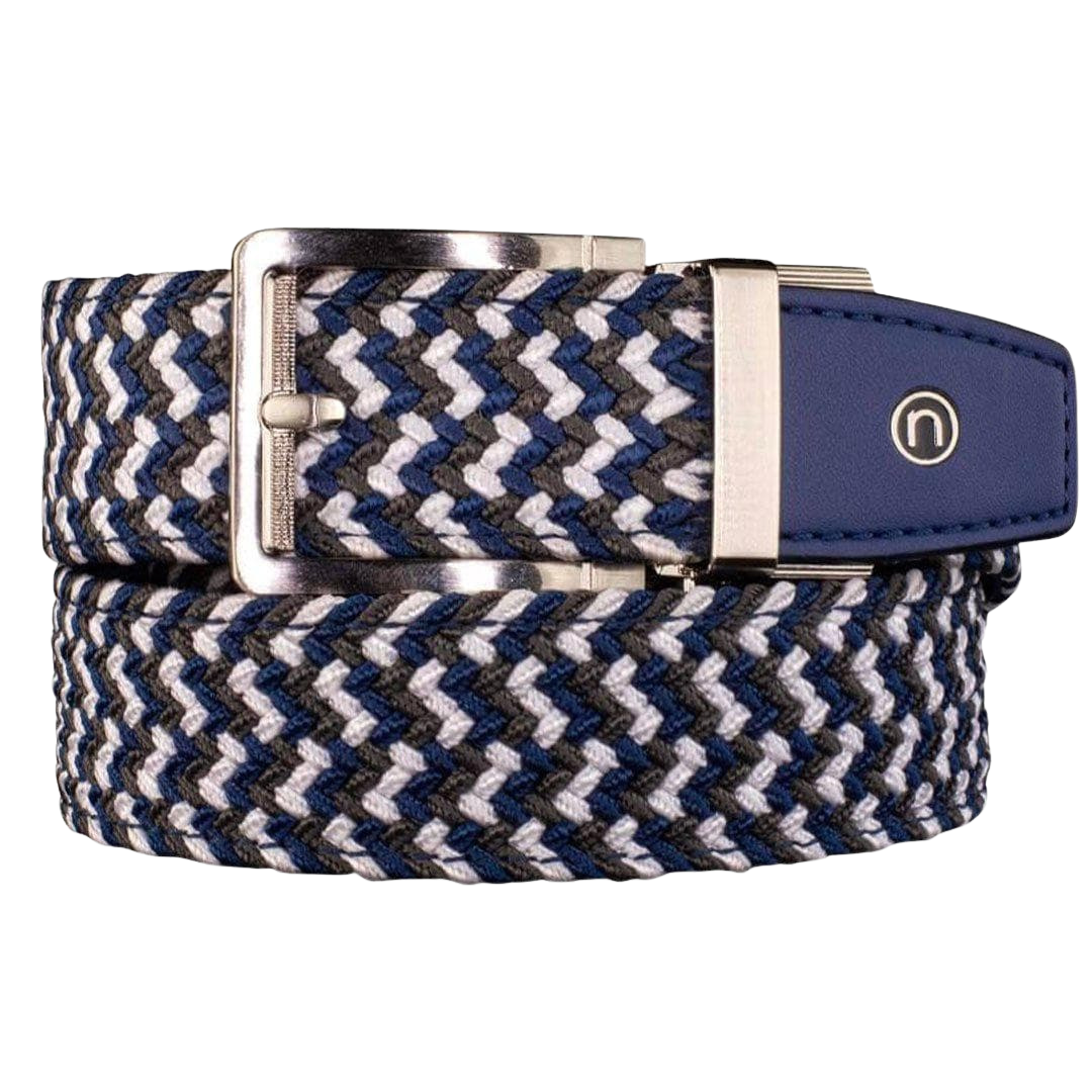 Nexbelt navy white and grey braided belt with circle "N" logo on the navy leather tip