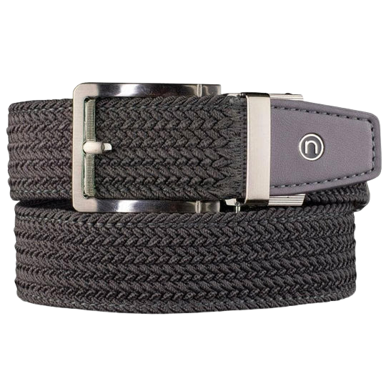 Nexbelt gray braided belt with circle "N" logo on the gray end leather tip