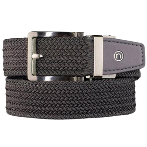 Nexbelt gray braided belt with circle "N" logo on the gray end leather tip