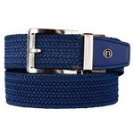 Nexbelt navy blue braided belt with circle "N" logo on the navy end leather tip