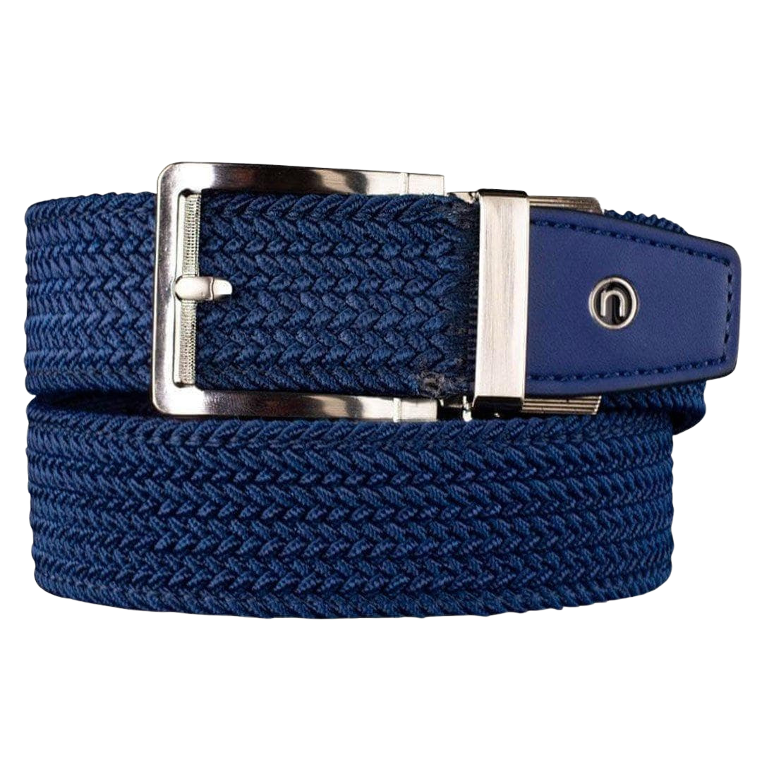 Nexbelt navy blue braided belt with circle "N" logo on the navy end leather tip