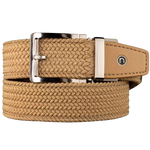 Nexbelt tan braided belt with circle "N" logo on the tan end leather tip
