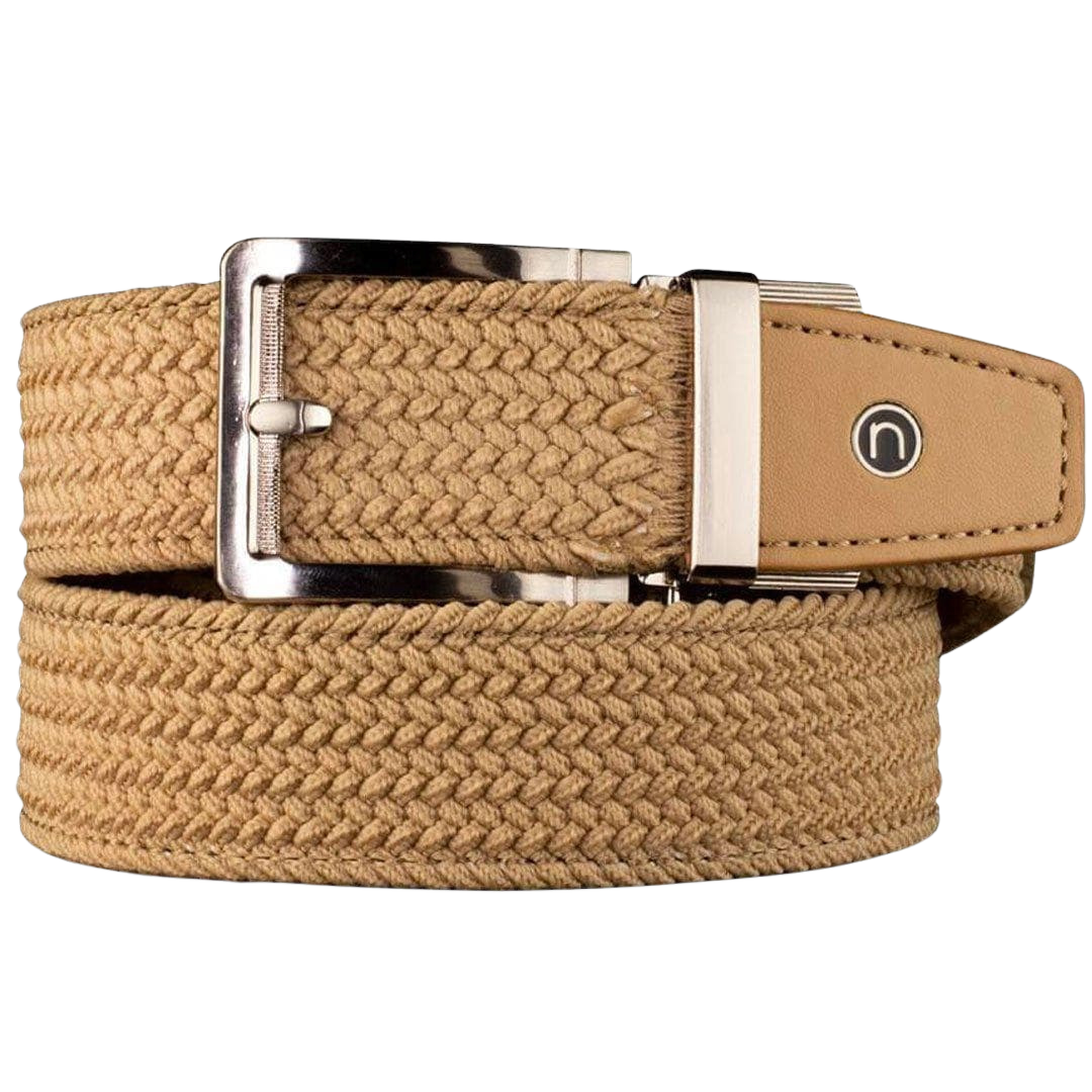 Nexbelt tan braided belt with circle "N" logo on the tan end leather tip