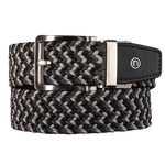 Nexbelt black charcoal and grey braided belt with circle "N" logo on the black end leather tip