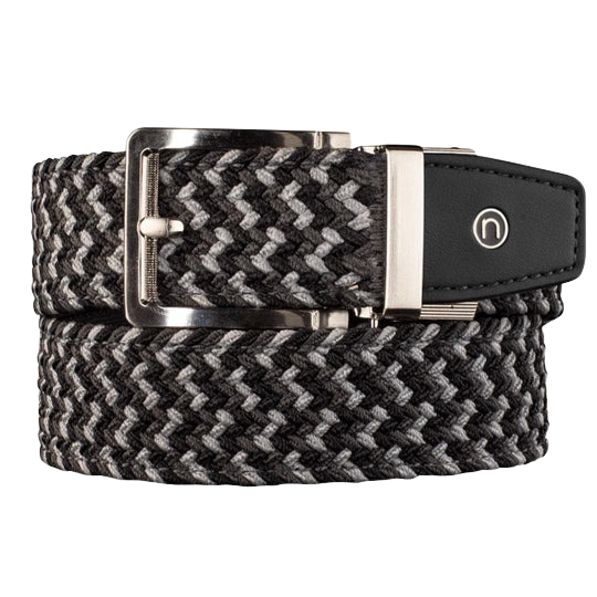 Nexbelt black charcoal and grey braided belt with circle "N" logo on the black end leather tip