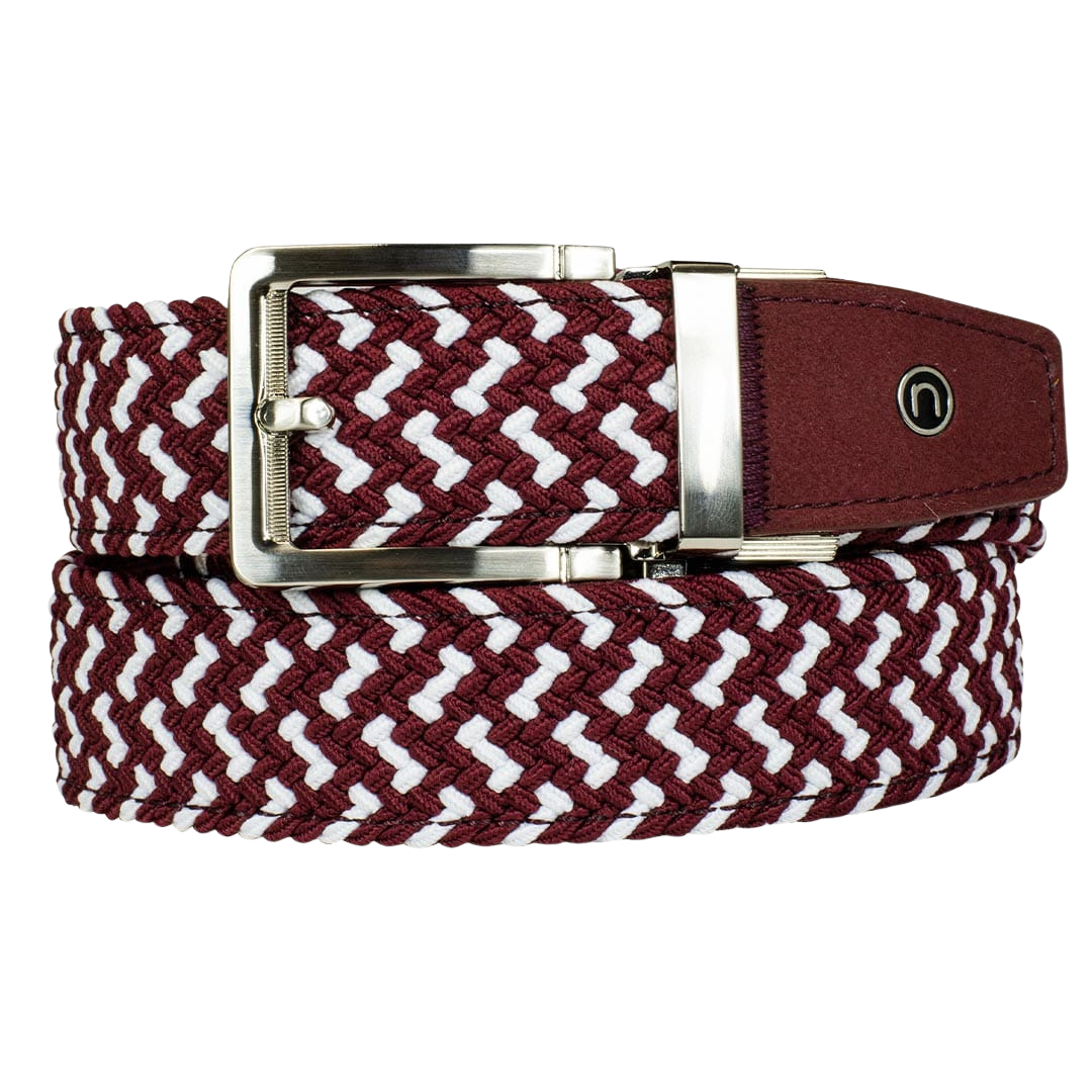 Nexbelt maroon red and white braided belt with circle "N" logo on the maroon red end leather tip