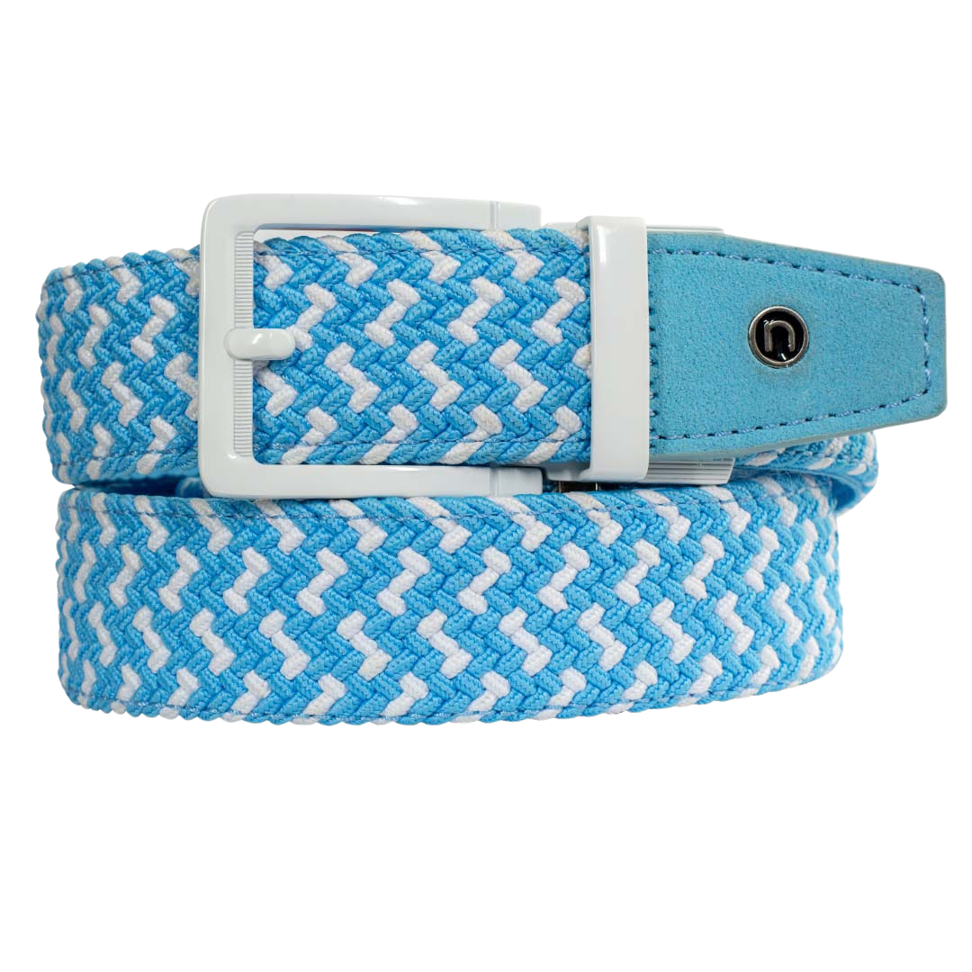 Nexbelt sky and white braided belt with circle "N" logo on the Sky color end leather tip
