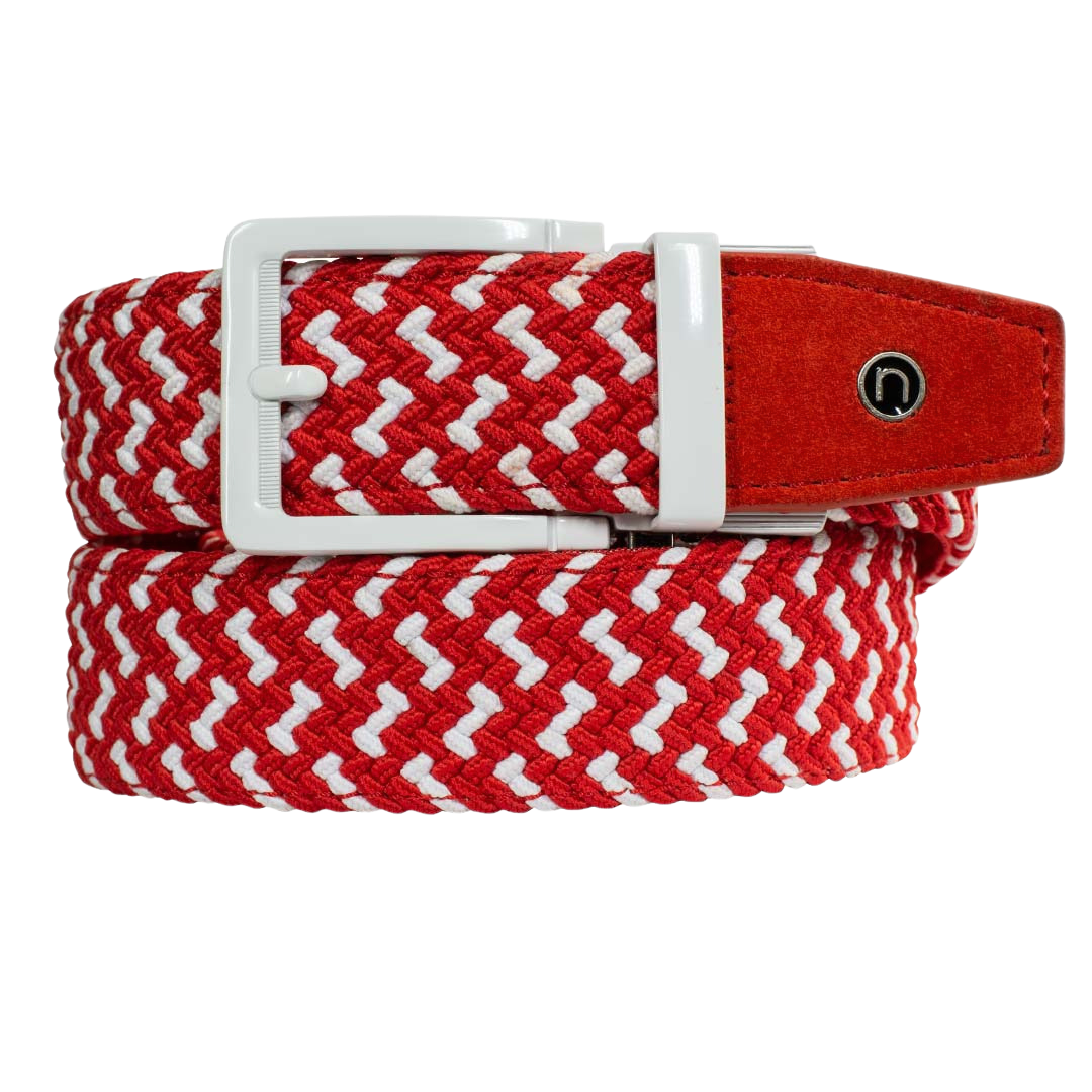 Nexbelt red and white braided belt with circle "N" logo on the red end leather tip