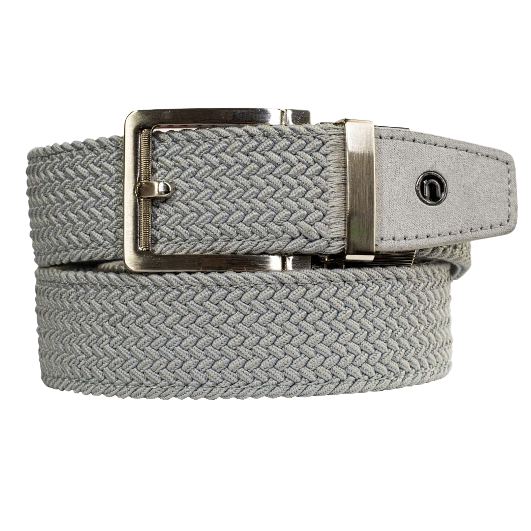 Nexbelt grey braided belt with circle "N" logo on the leather tip
