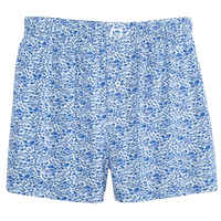 Thumbnail for A pair of blue and white floral-patterned men's boxer shorts with an elastic waistband and a button fly.