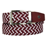 Nexbelt maroon red and white braided belt with circle "N" logo on the maroon red end leather tip