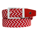 Nexbelt red and white braided belt with circle "N" logo on the red end leather tip